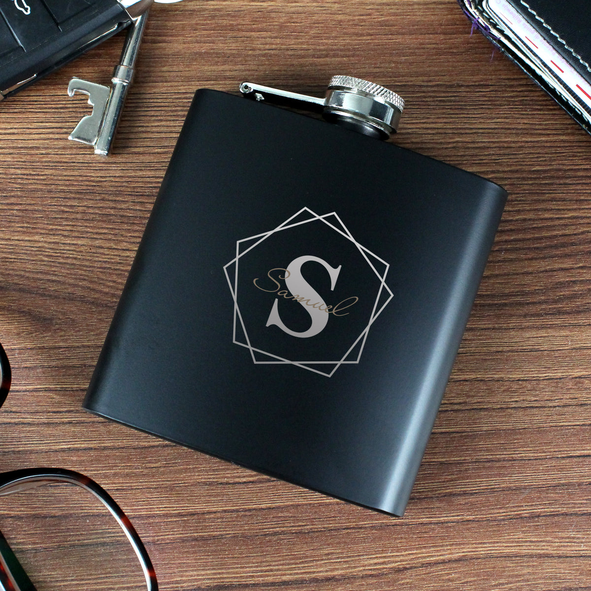 Personalised Geometric Initial Black Hip Flask