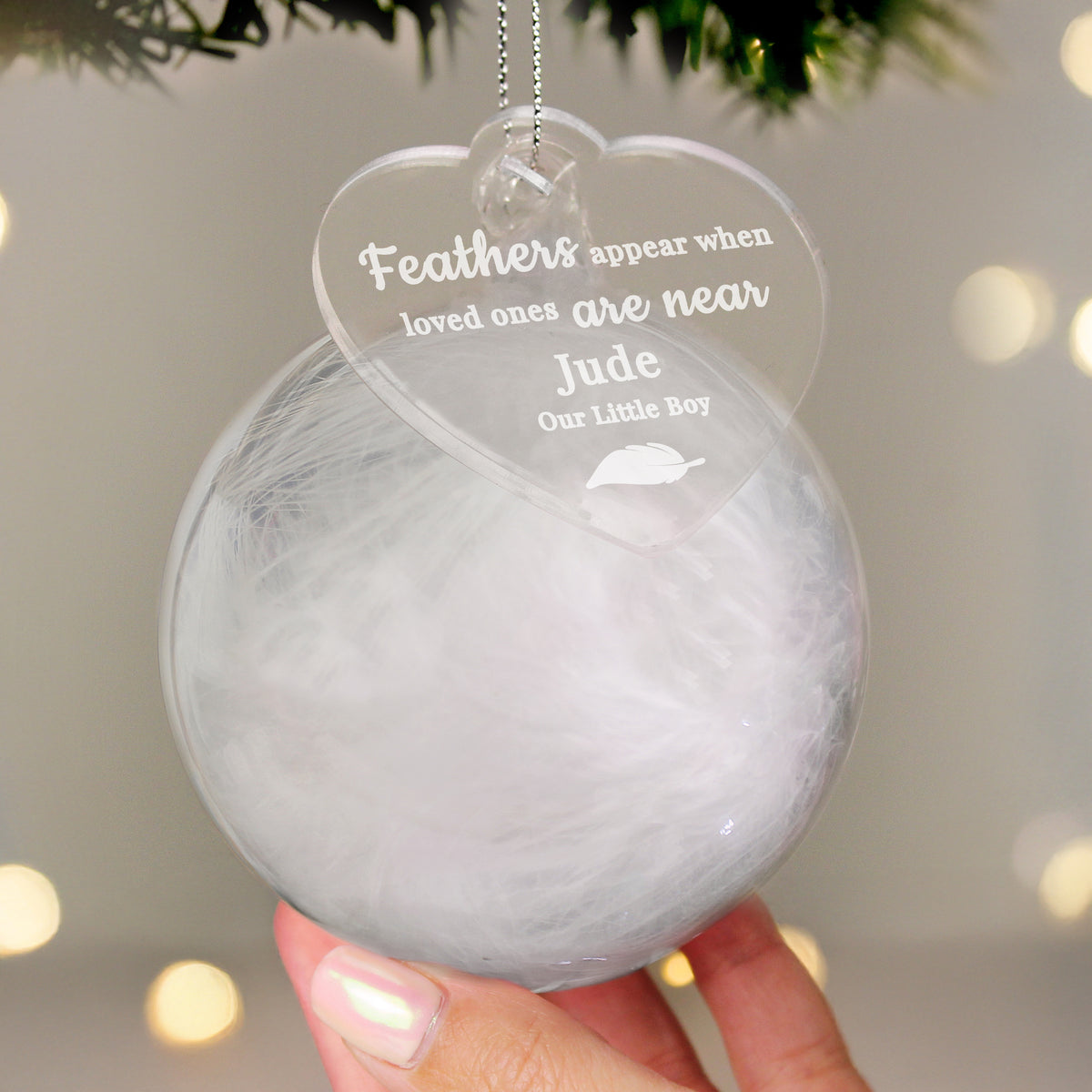 Personalised White Memorial Feather Bauble