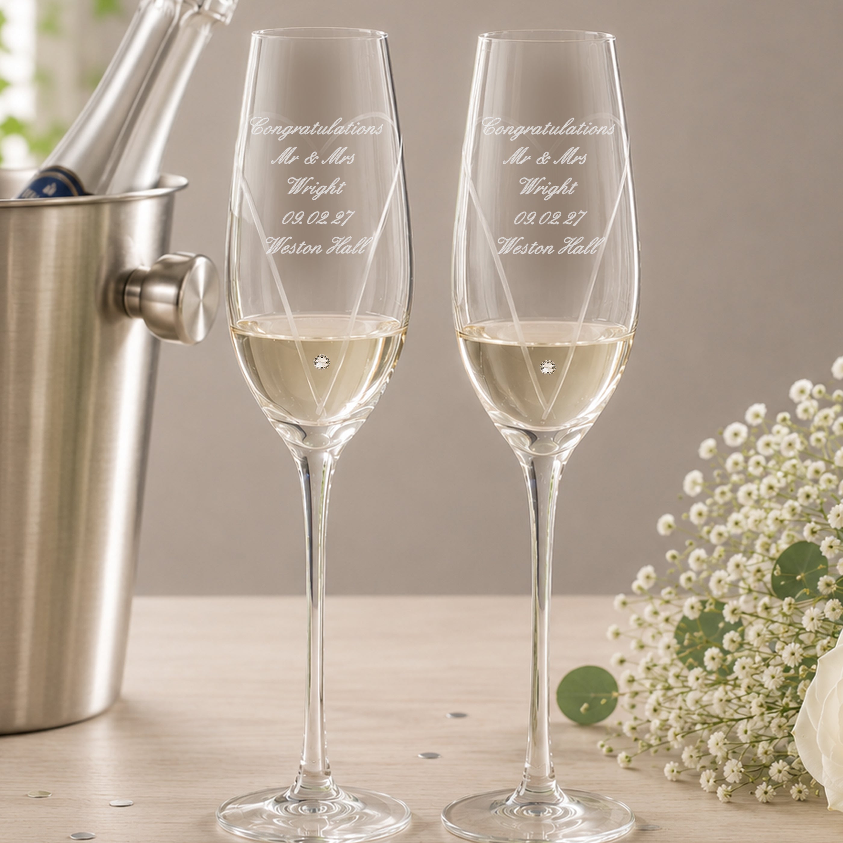 Personalised Hand Cut Heart Pair of Flutes with Gift Box