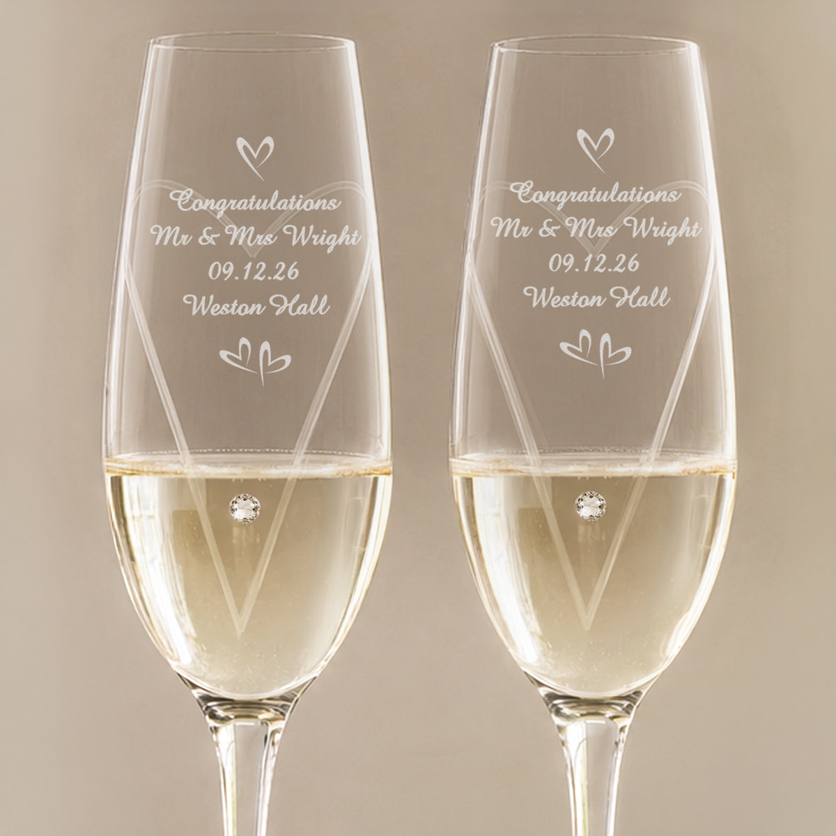 Personalised Hand Cut Little Hearts Pair of Flutes with Gift Box