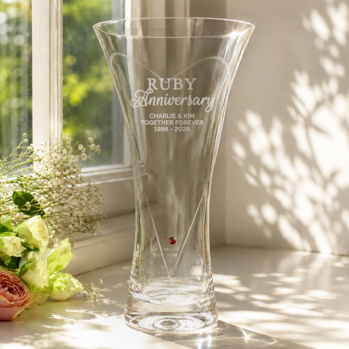 Personalised Ruby Anniversary Hand Cut Diamond Effect Heart Vase