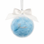 Personalised Blue Feather Name Glass Bauble With Ribbon