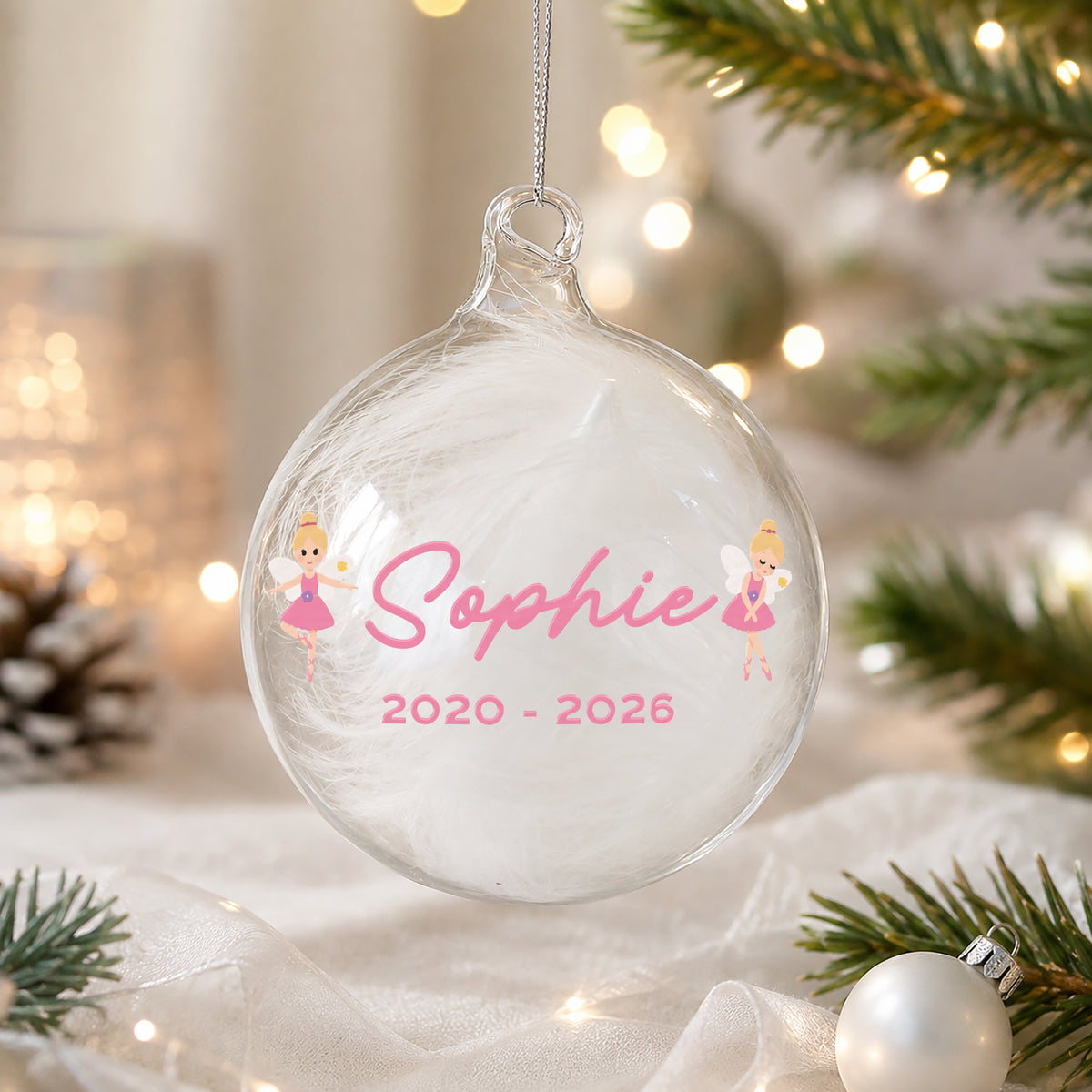 Personalised Fairy White Feather Bauble