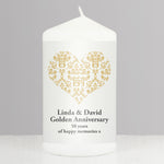 Personalised Gold Damask Heart Pillar Candle