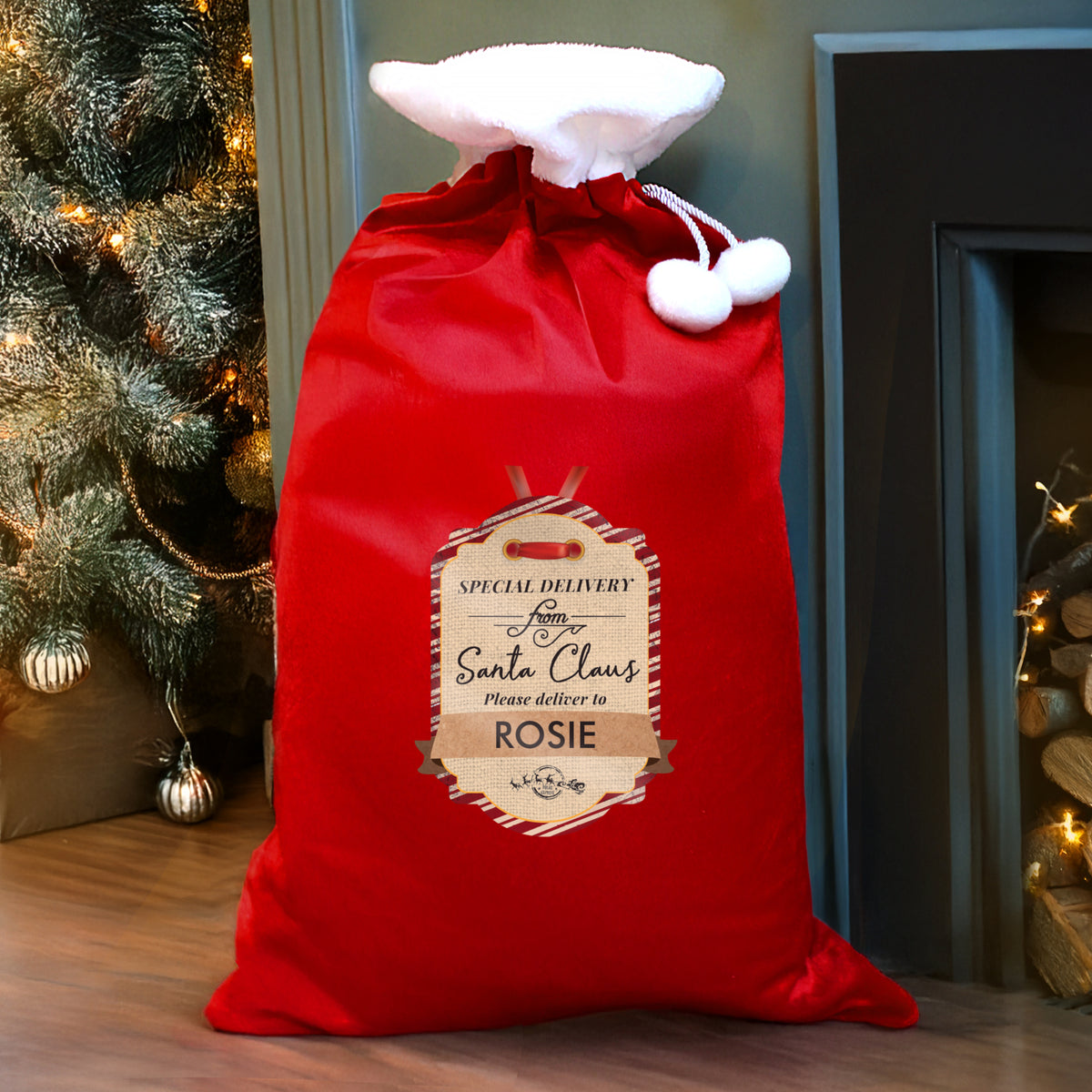 Personalised Special Delivery Luxury Pom Pom Red Sack