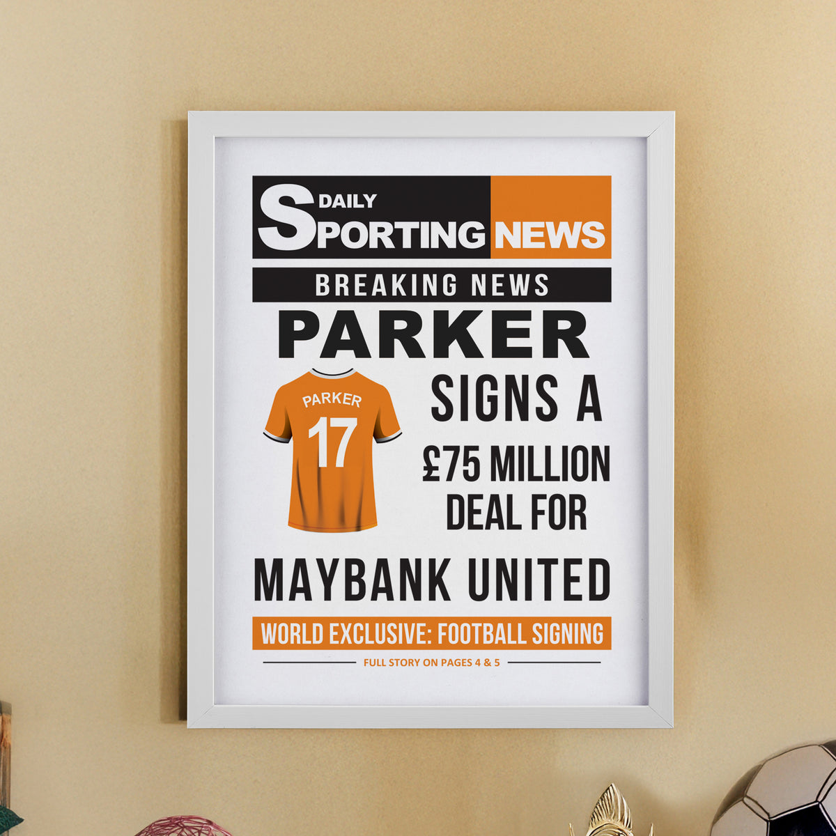 Personalised Football News White Poster Frame