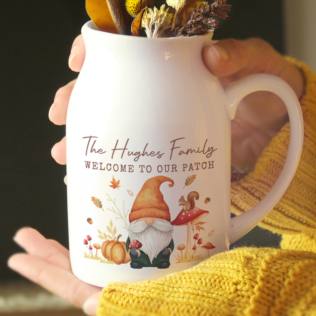 Personalised Autumn Gonk Flower Jug Vase