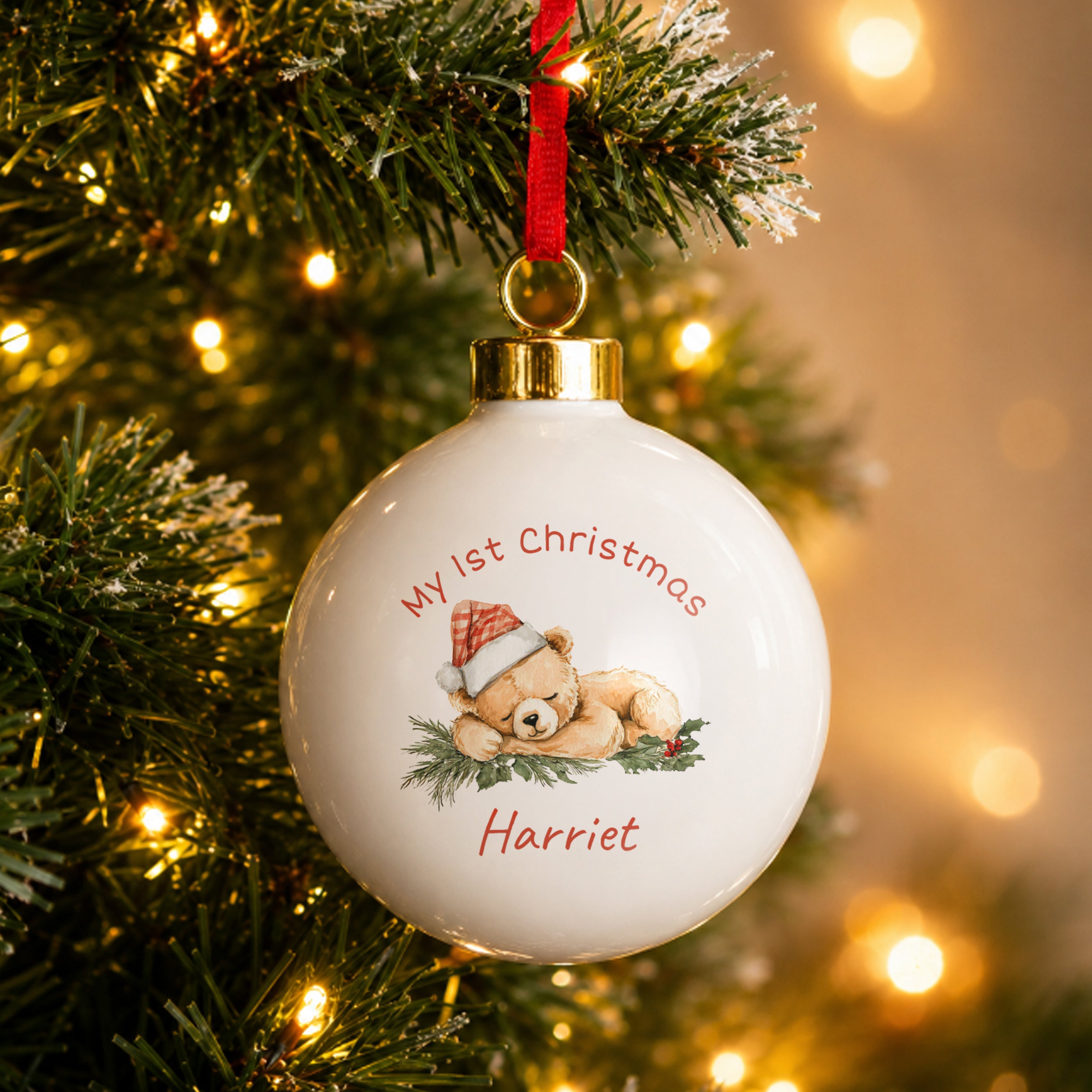 Personalised Sleepy Christmas Bear Ceramic Bauble