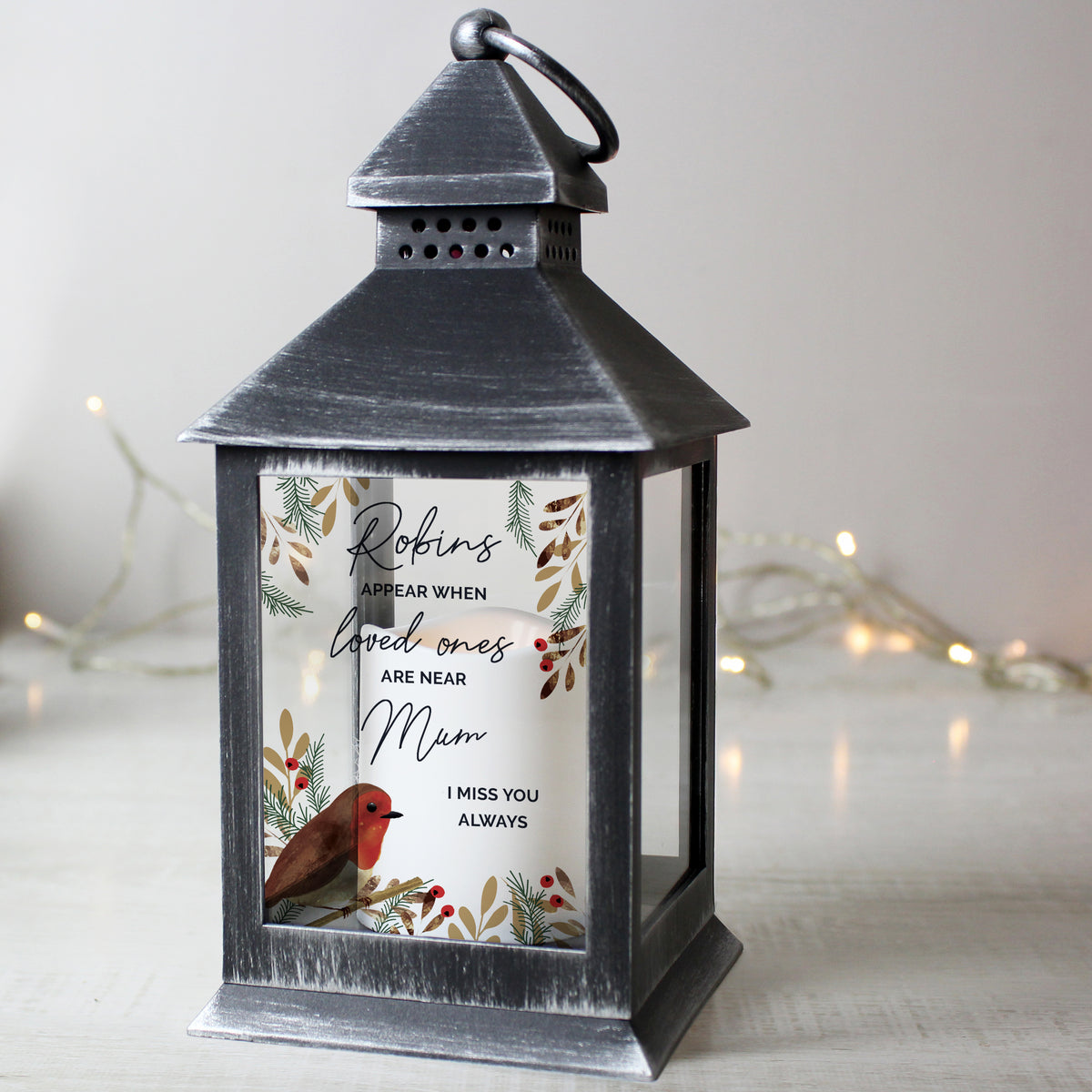 Personalised Robins Appear.. Memorial Black Lantern