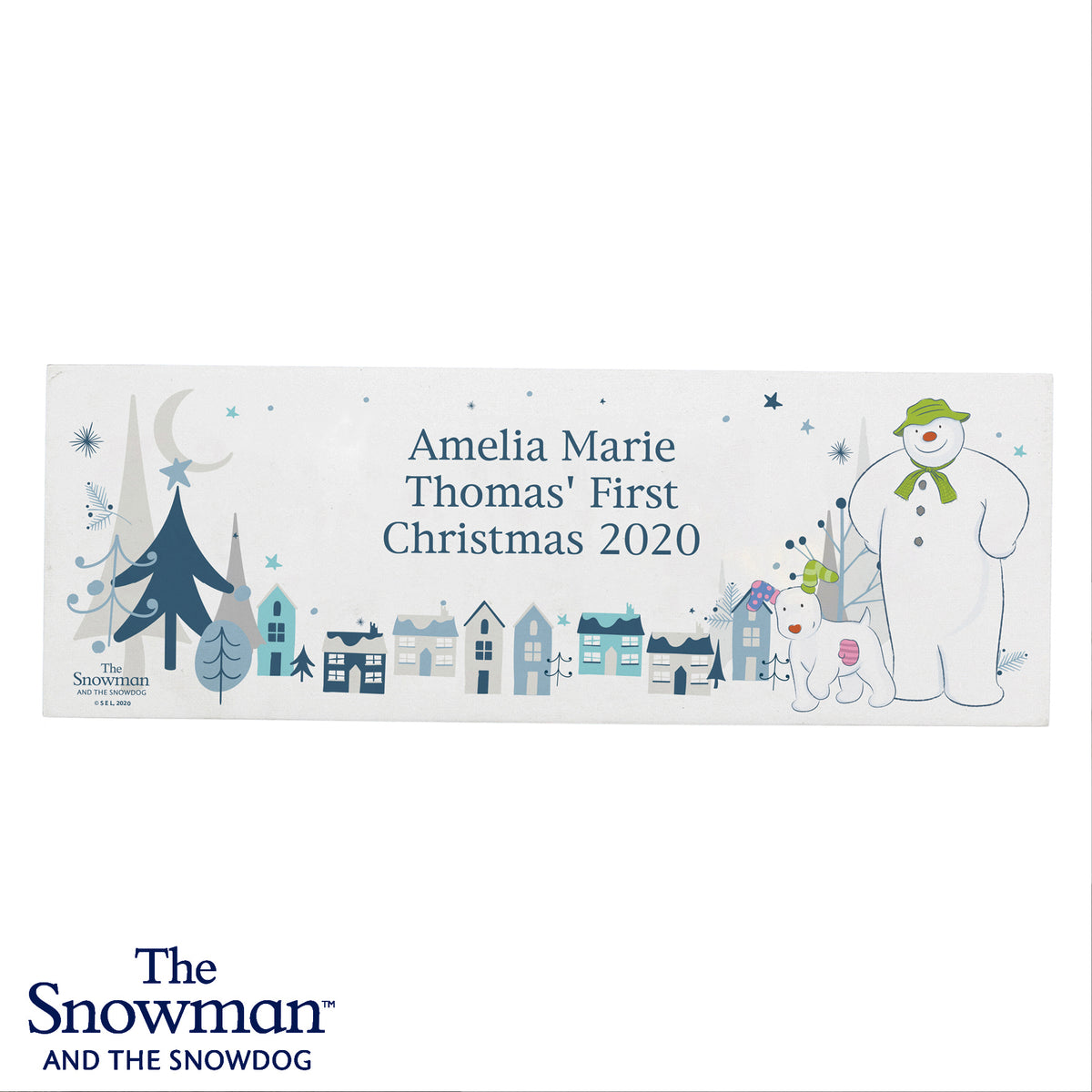 Personalised The Snowman and the Snowdog Wooden Mantel Decoration