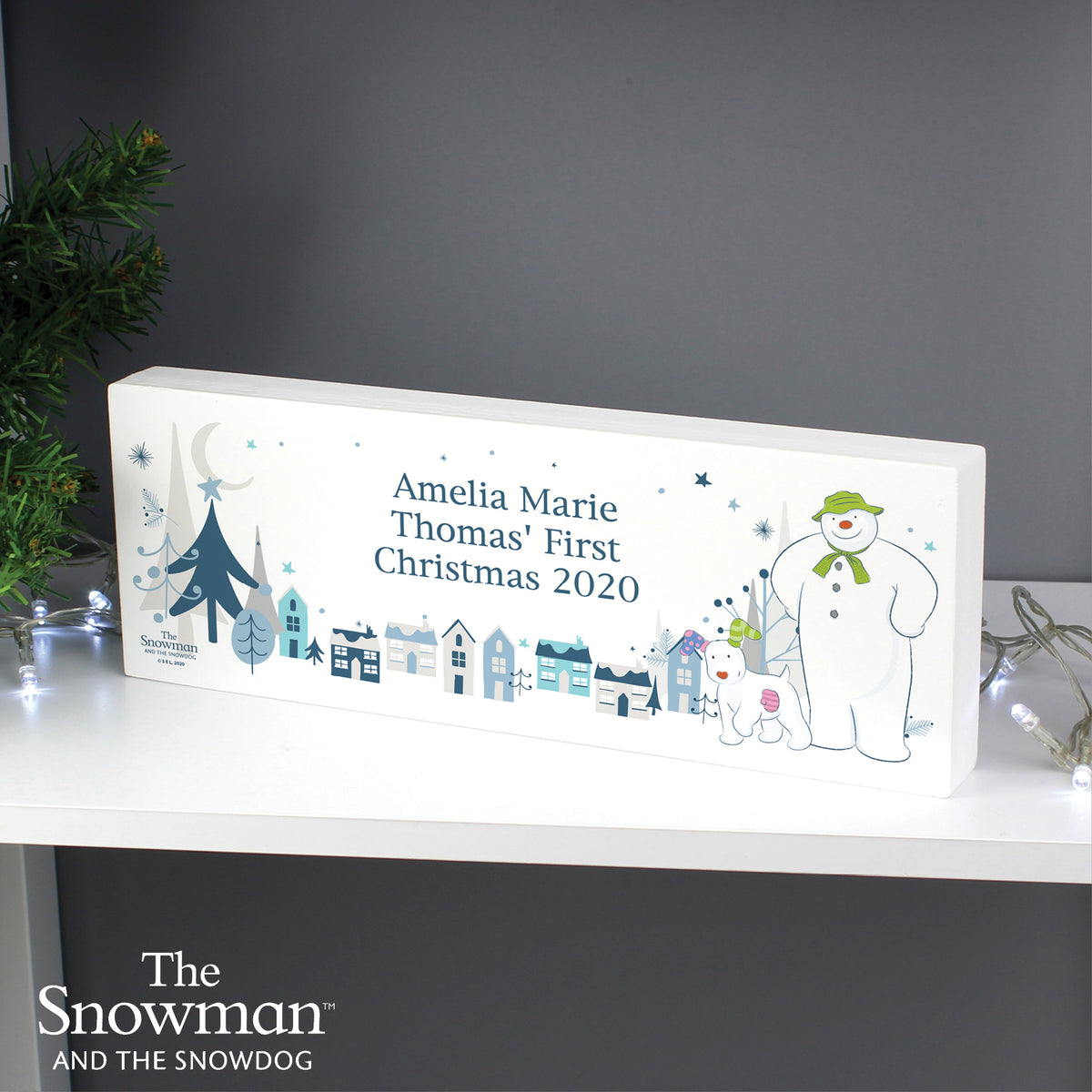 Personalised The Snowman and the Snowdog Wooden Mantel Decoration