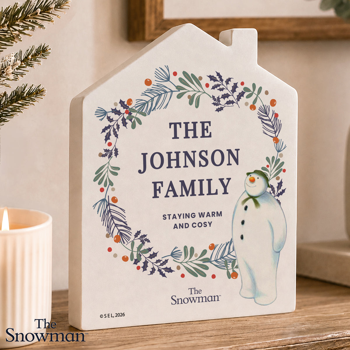 Personalised The Snowman Botanical Wooden House Decoration