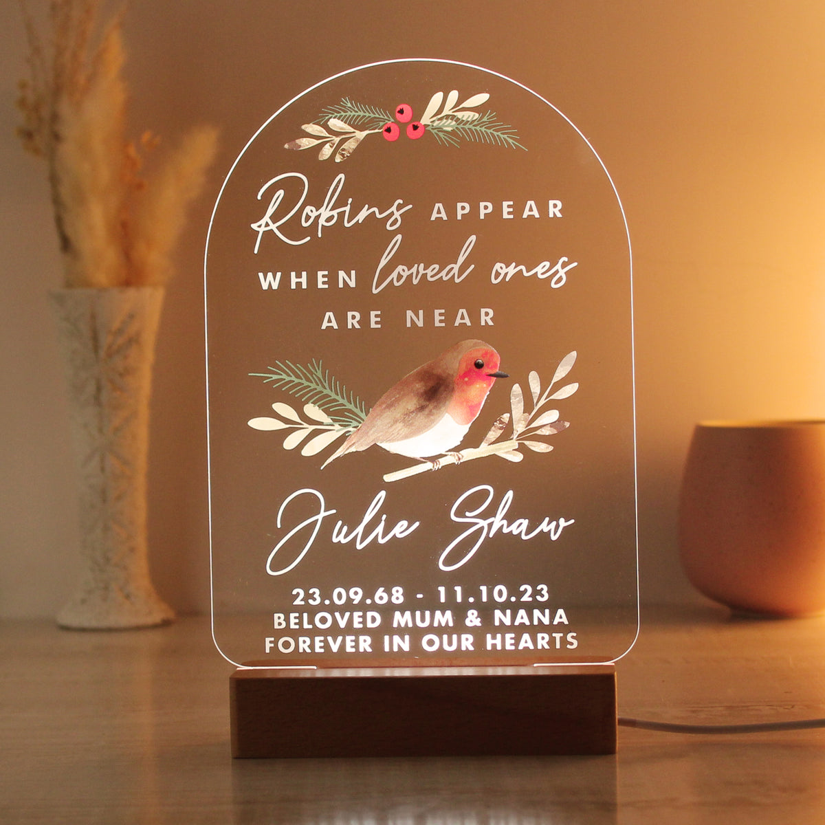 Personalised Robins Appear Wooden Based LED Light