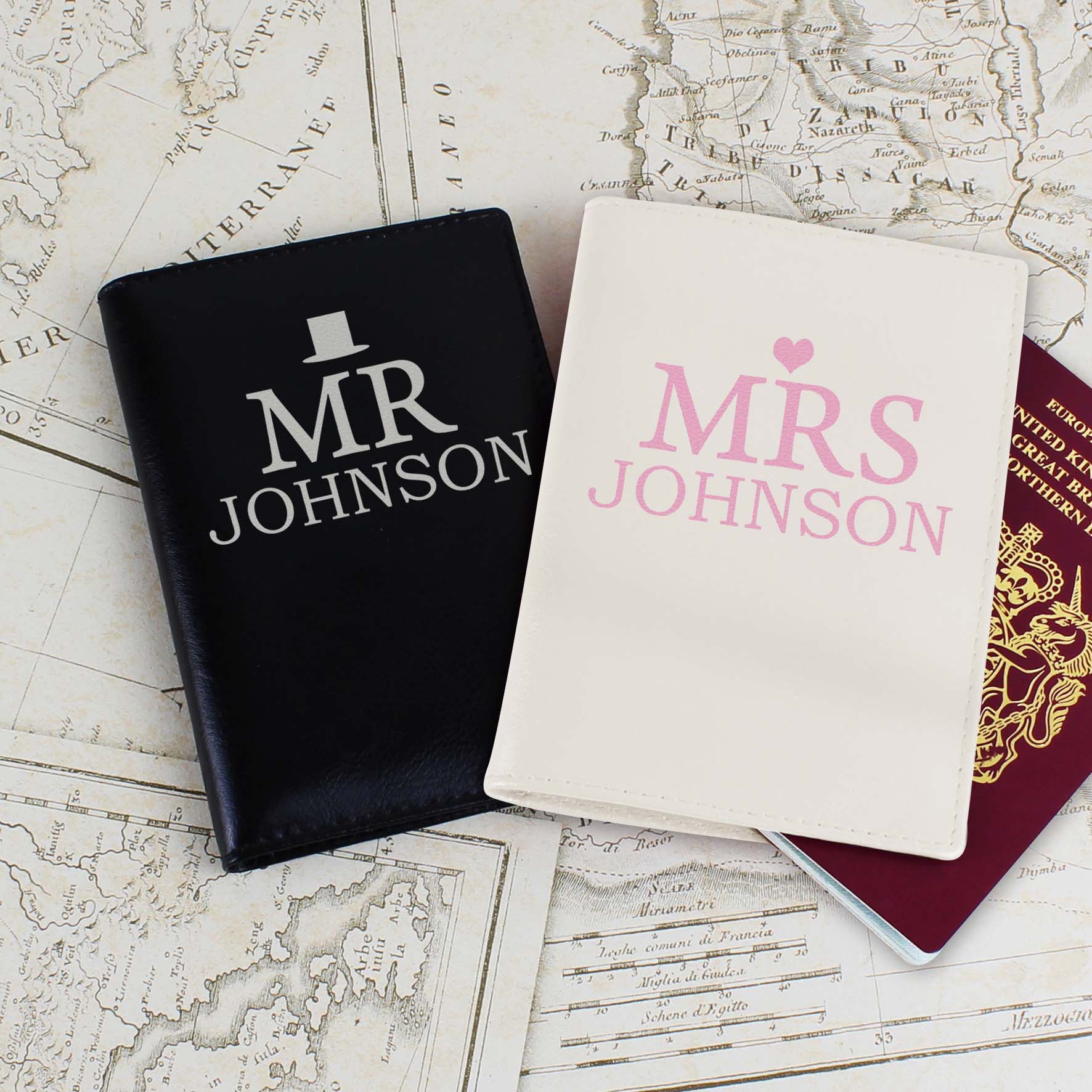 Personalised Mr & Mrs Leather Passport Holder Set