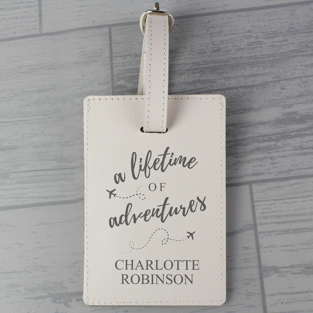 Personalised Lifetime of Adventures Cream Leather Luggage Tag