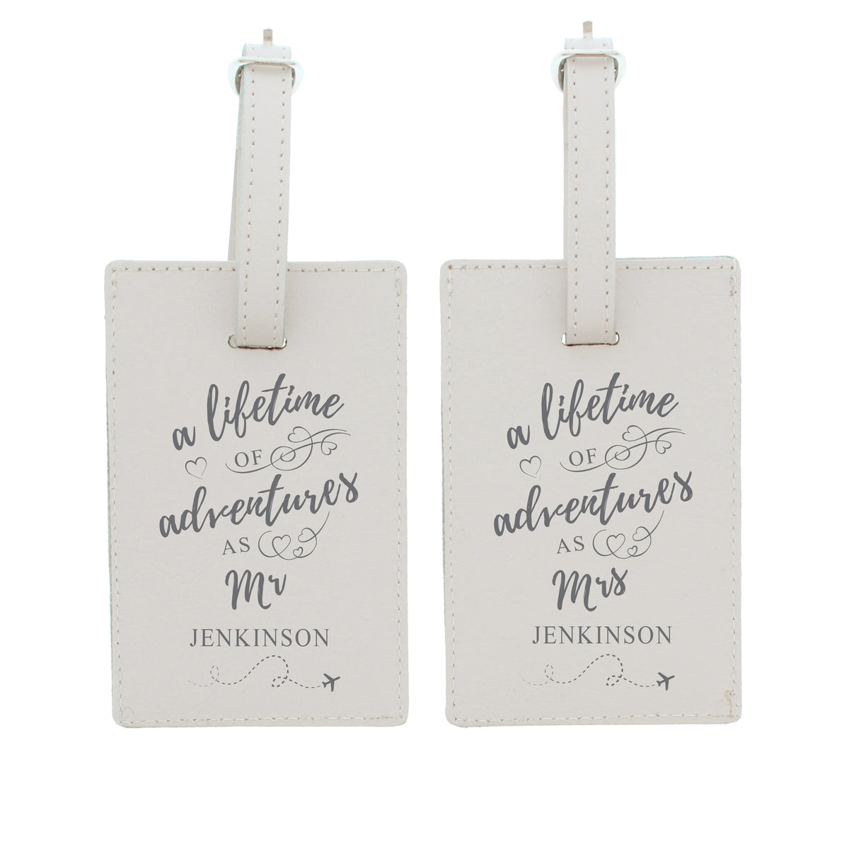 Personalised Lifetime of Adventures Couples Leather Luggage Tags