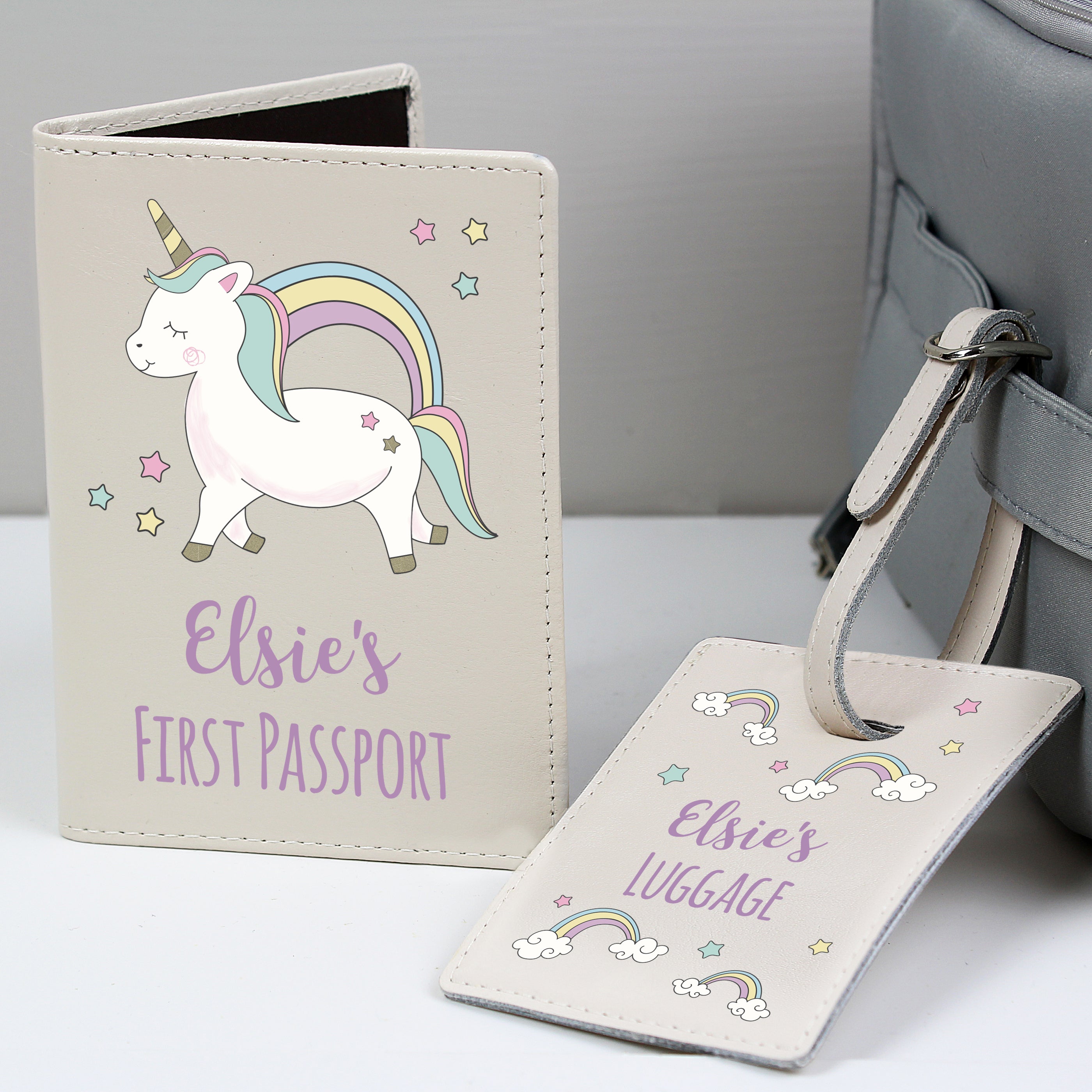 Personalised Baby Unicorn Cream Leather Passport Holder & Luggage Tag Set