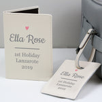 Personalised Pink Heart Cream Leather Passport Holder & Luggage Tag Set