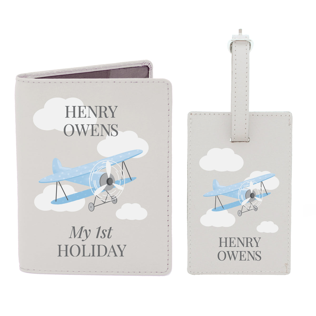 Personalised Blue Plane Leather Passport Holder & Luggage Tag Set