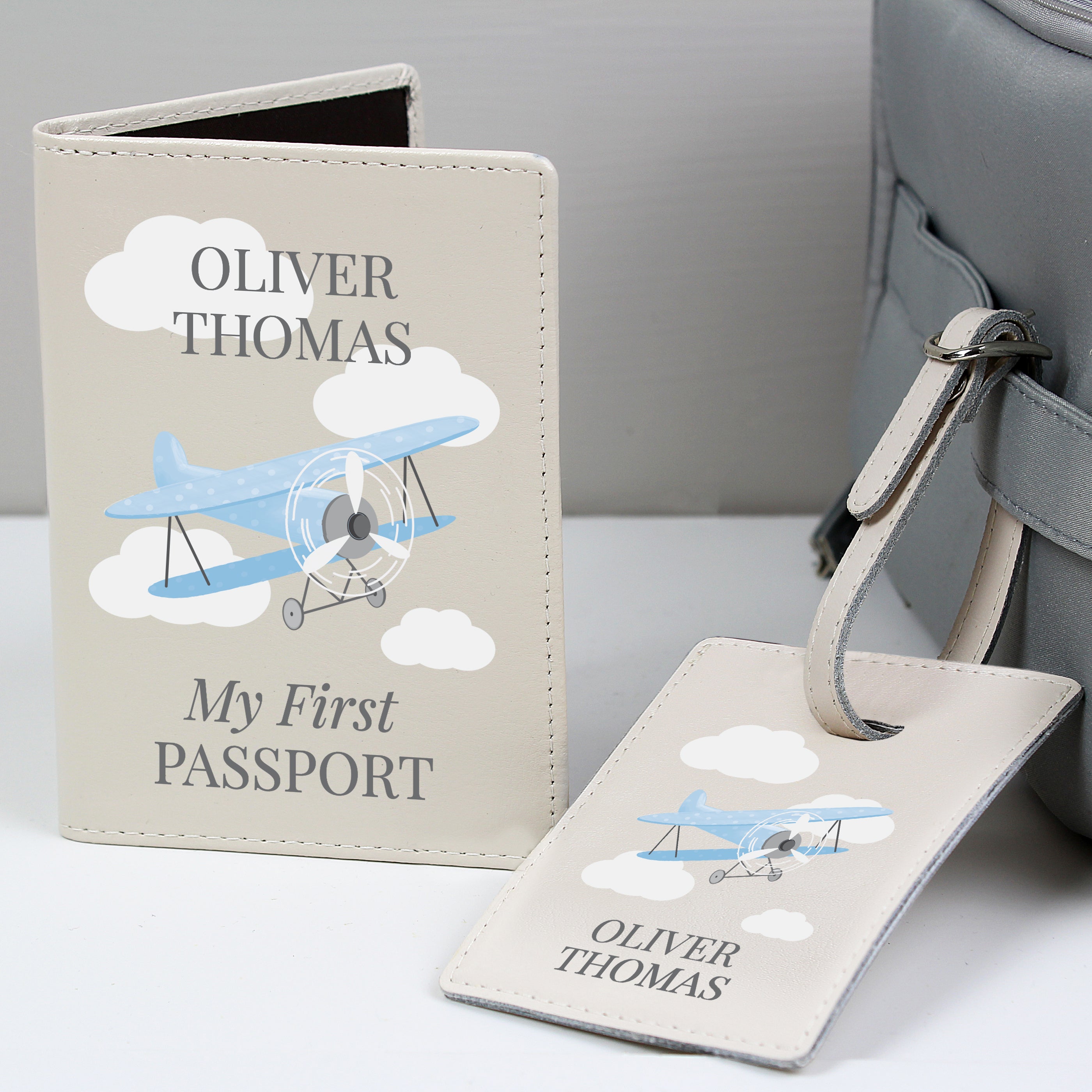 Personalised Blue Plane Leather Passport Holder & Luggage Tag Set