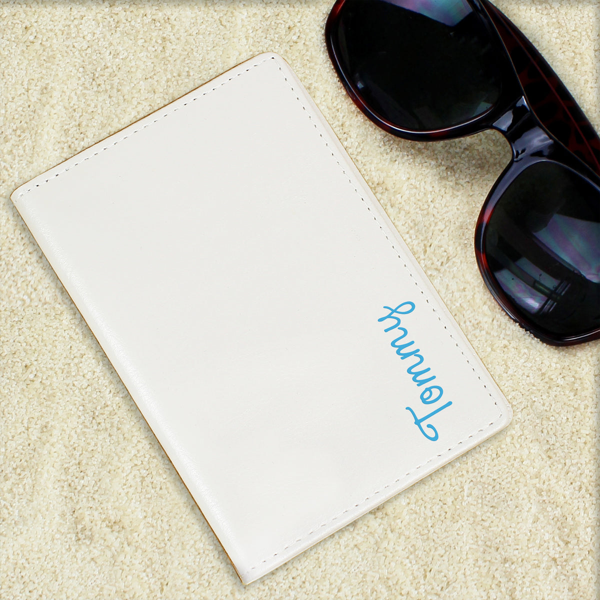 Personalised Blue Name Cream Leather Passport Holder