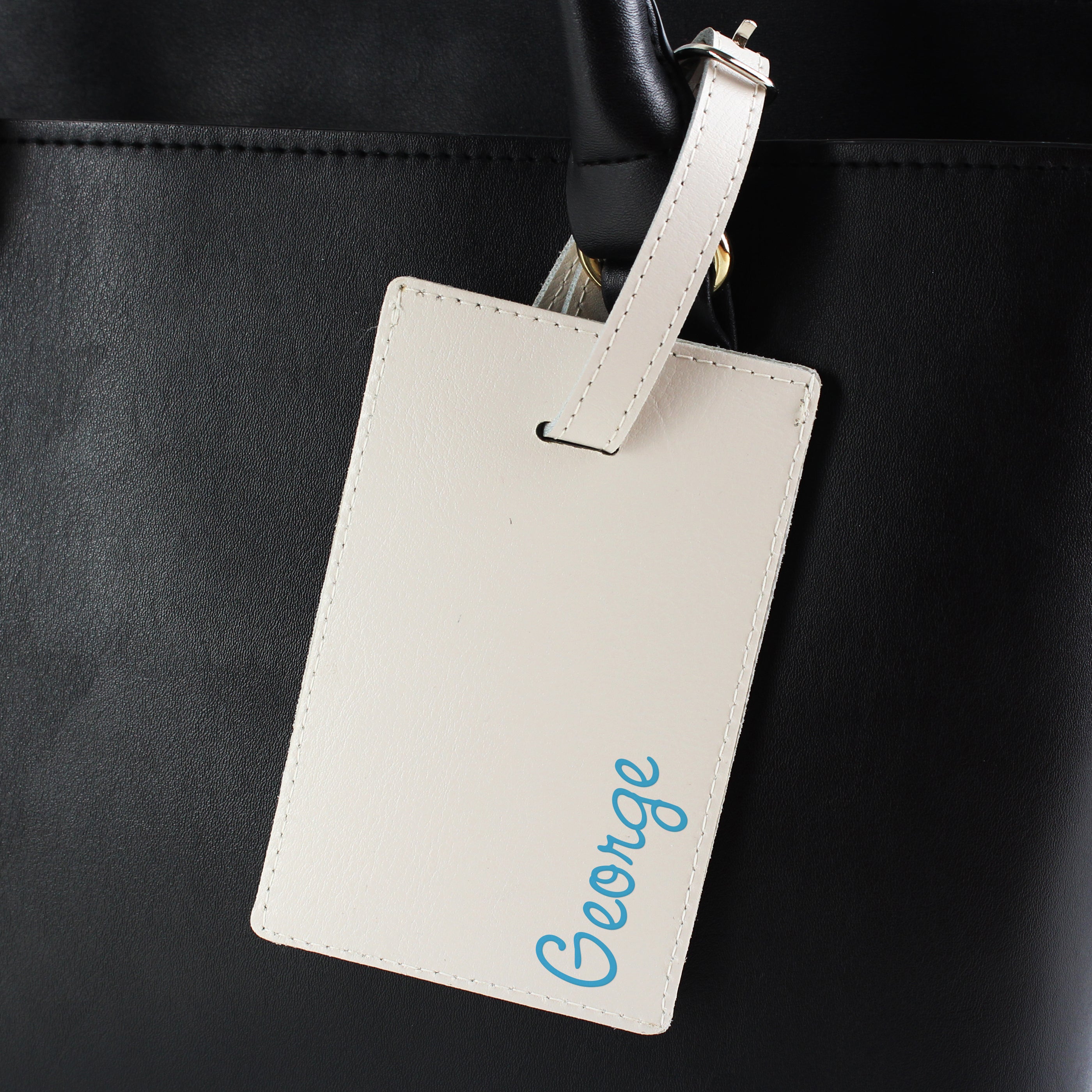 Personalised Blue Name Cream Leather Luggage Tag