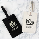 Personalised Mr & Mrs Black & Cream Leather Luggage Tag Set