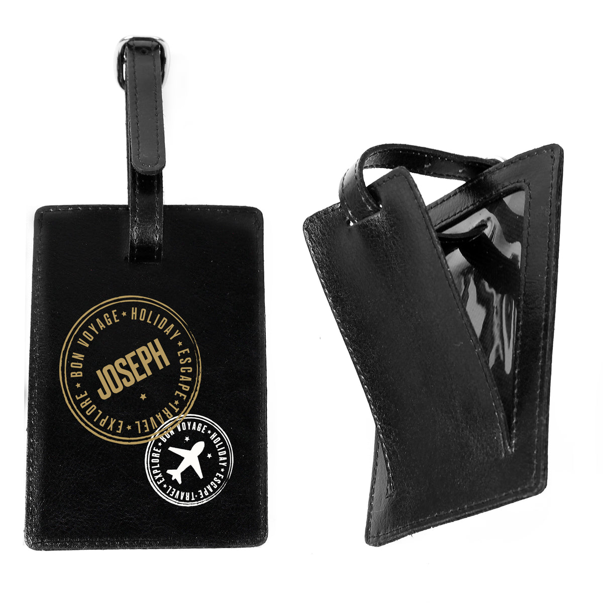 Personalised Stamped Black Leather Luggage Tag